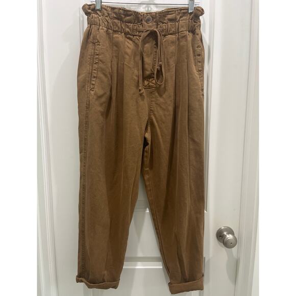 Free People Drawstring Margate Pleated Paper Bag Trouser in Cinnamon Latte Sz S - Picture 1 of 6